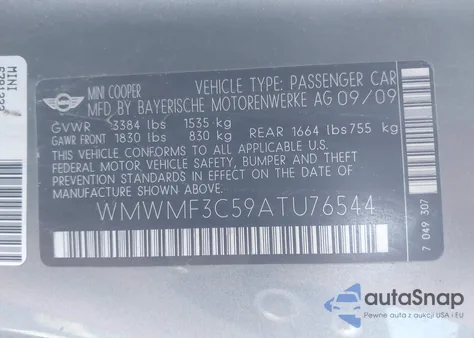 2010 Mini Cooper from USA, damaged, VIN WMWMF3C59ATU76544